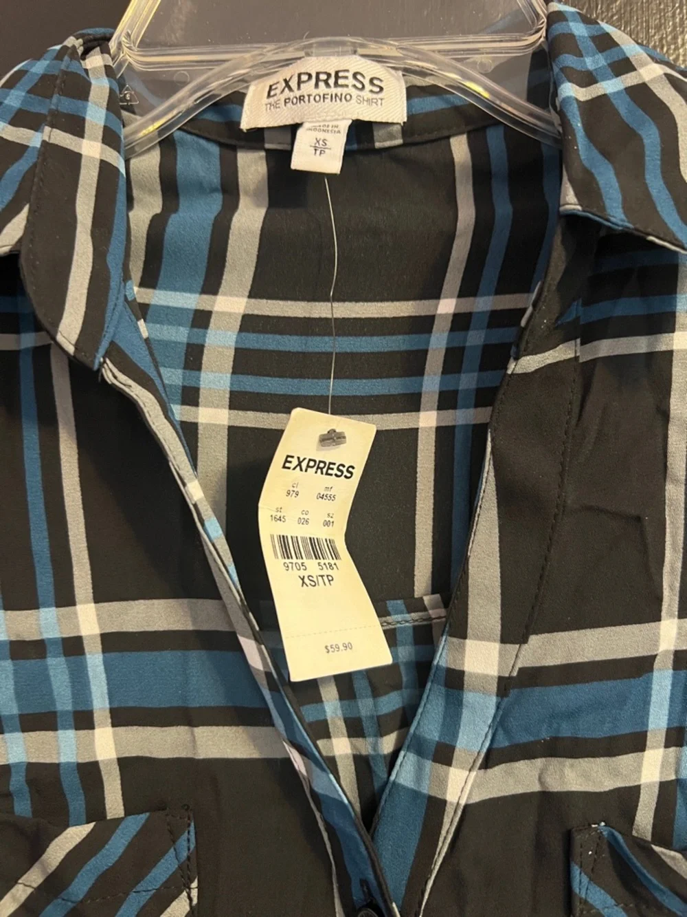 EXPRESS Portofino Plaid Black Button-Down Shirt - Picture 2 of 3
